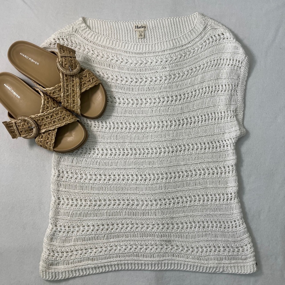 Hatley White Cotton Open Knit Sweater XL Boho Coastal Minimalist Luxury